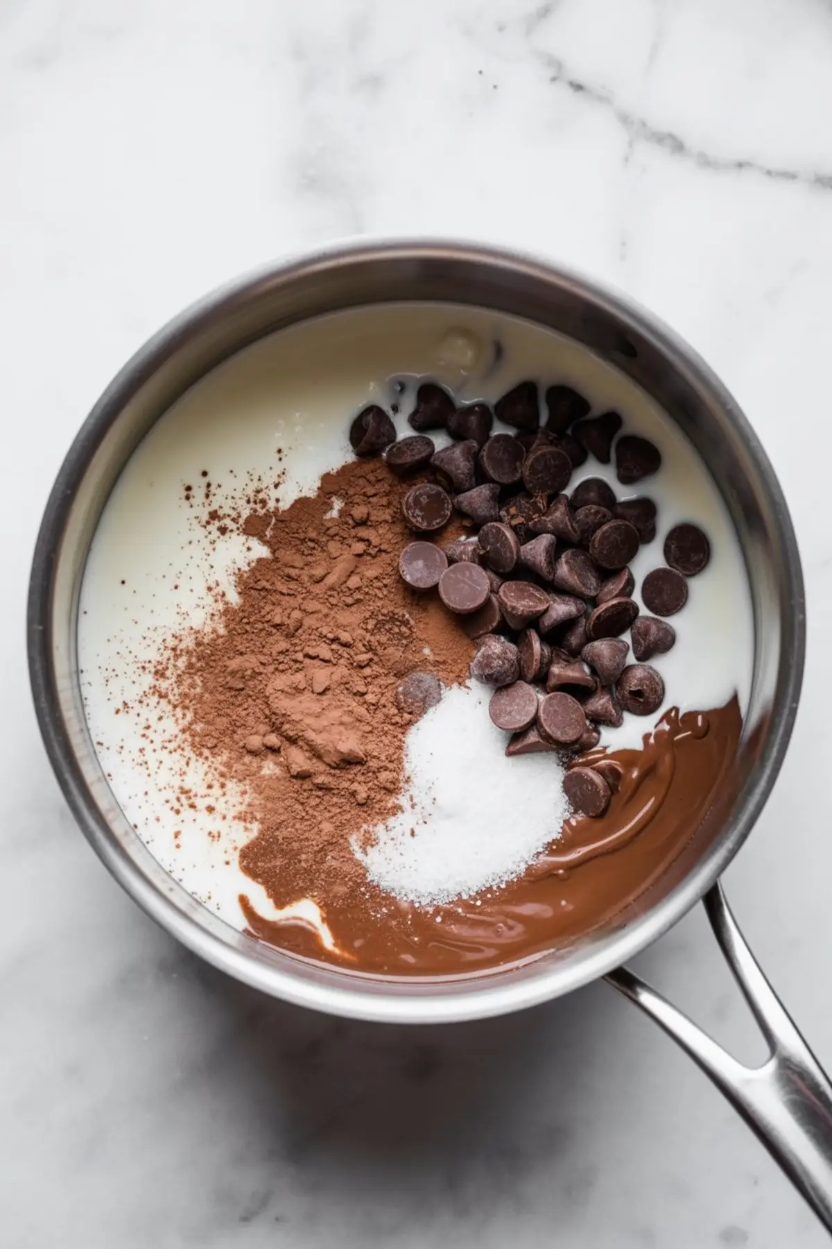 Overhead shot of a saucepan filled with milk, cocoa powder, chocolate chips, sugar, and melted chocolate before being mixed for homemade hot chocolate.
