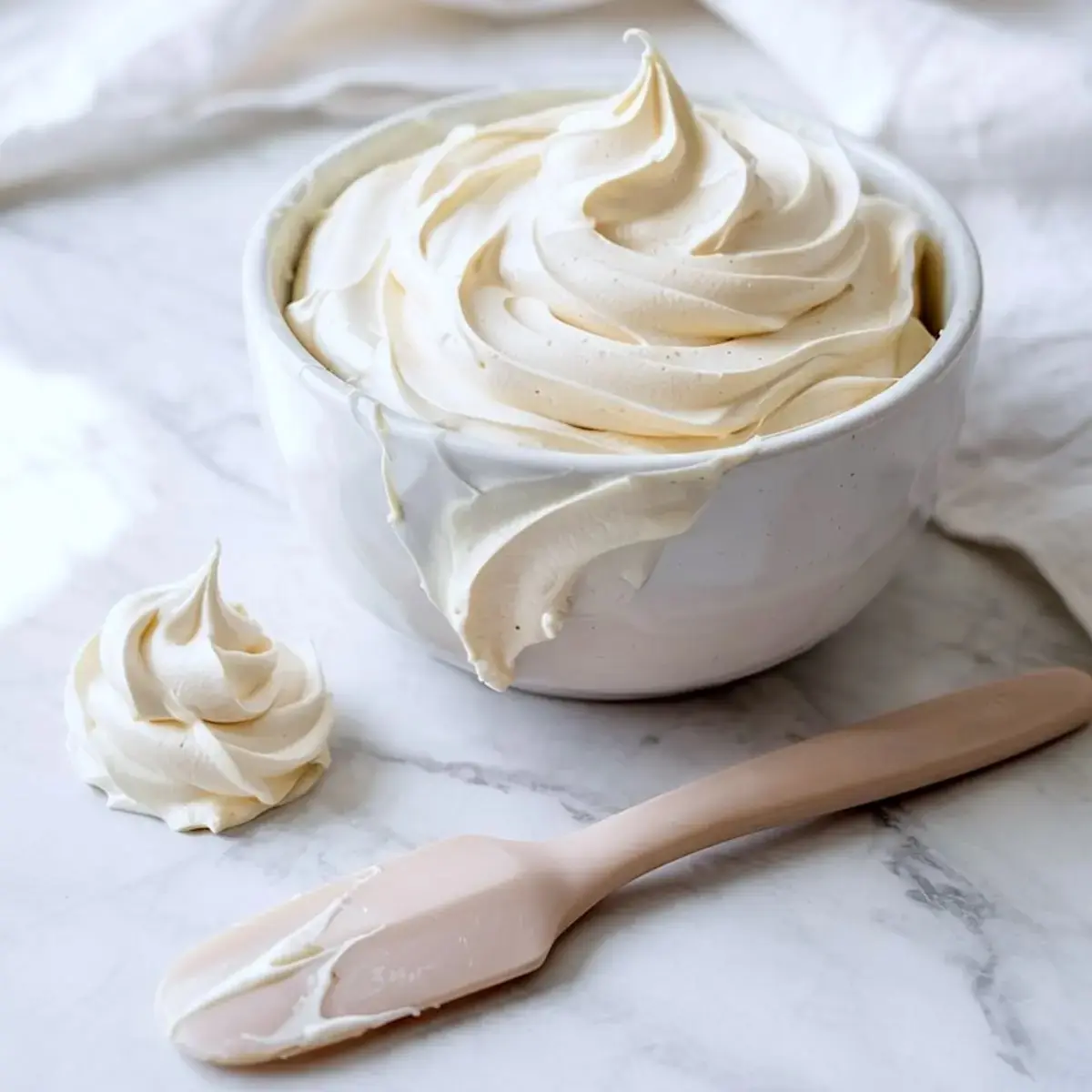 Creamy vanilla frosting swirled in a white bowl with a dollop on the side and a pale pink spatula resting nearby.
