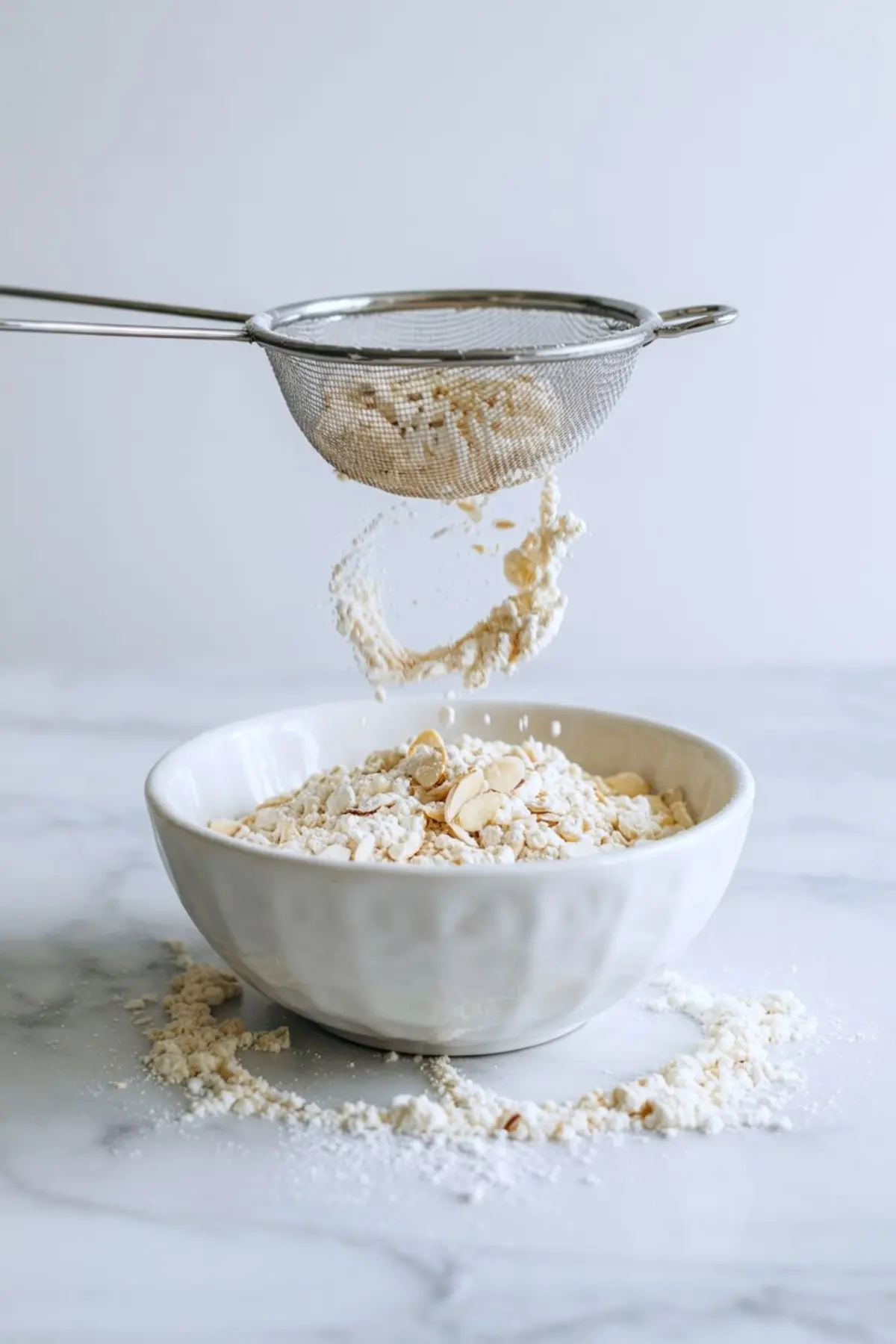 Sliced almonds and flour being sifted through a metal strainer into a white ceramic bowl on a marble countertop.