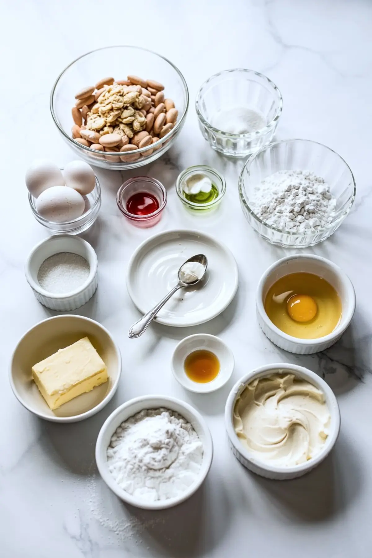 Flat lay of baking ingredients including eggs, butter, vanilla, flour, sugar, almond cookies, and food coloring arranged on a white marble surface.