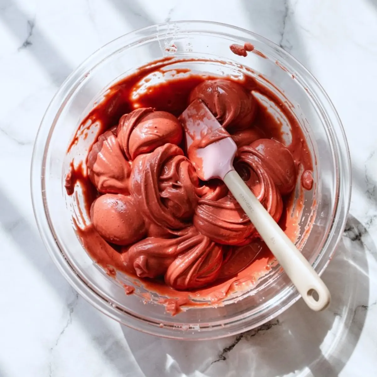 Red macaron batter with glossy peaks swirled in a clear mixing bowl with a silicone spatula on a sunlit marble countertop.