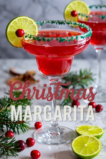Christmas margarita cocktail in a wide glass with green sugar rim, garnished with a lime wheel and fresh cranberry, surrounded by pine branches and cranberries.