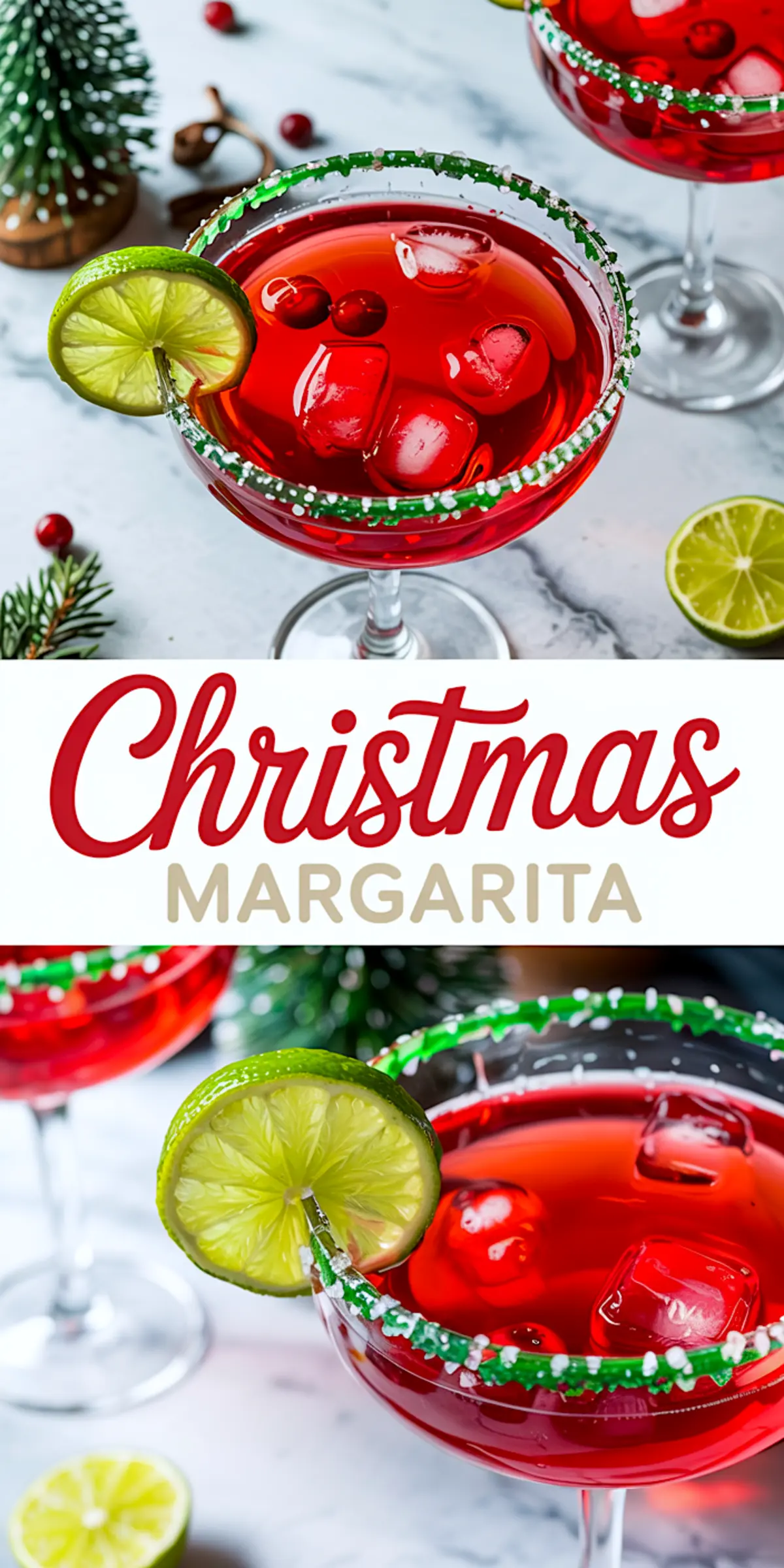 Collage of Christmas margarita cocktails in clear glasses with green sugar rims, lime wheel and cranberry garnishes, surrounded by festive elements like pine sprigs and holiday decor.
