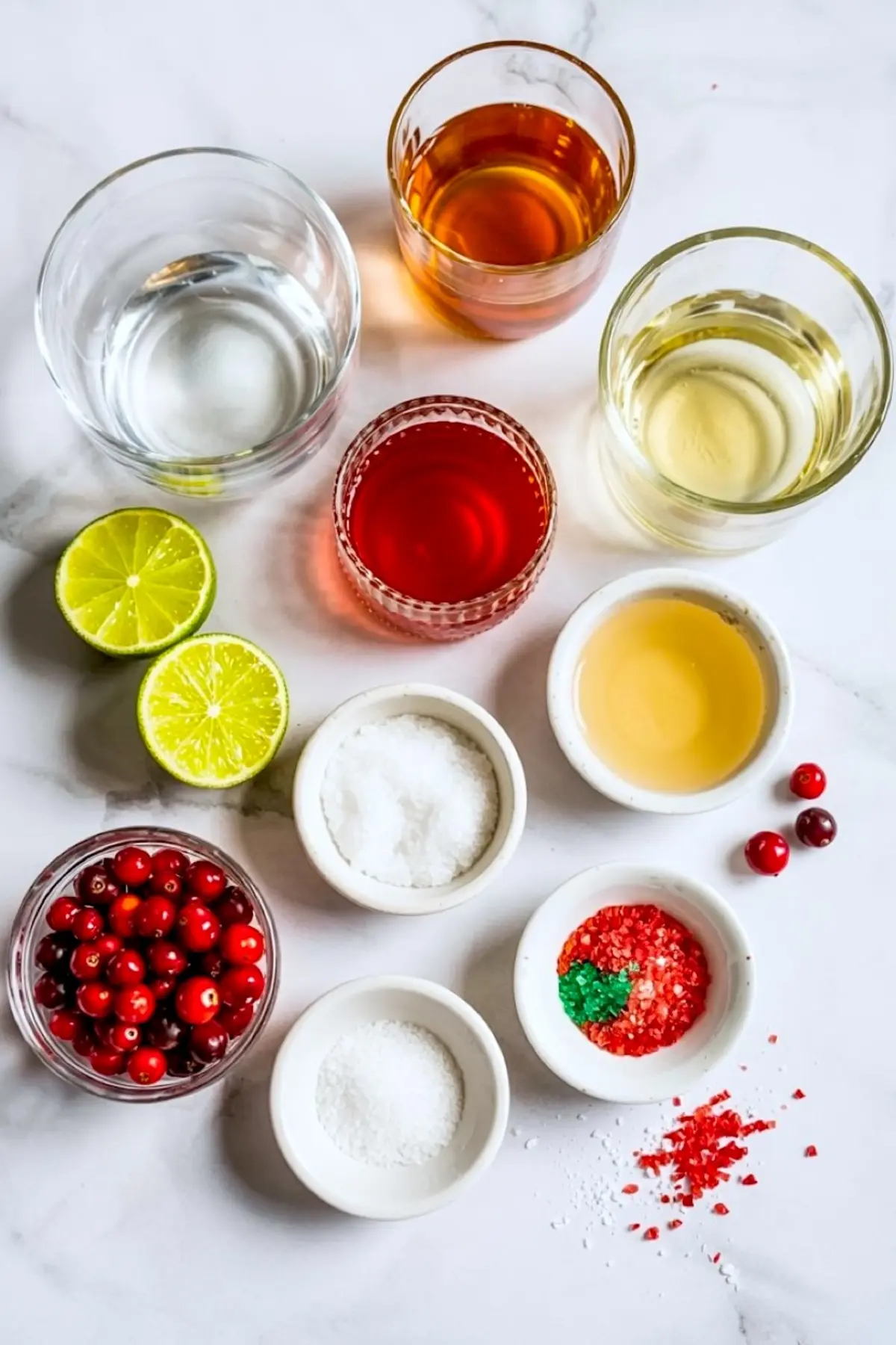 Flat lay of Christmas margarita ingredients on white marble, including fresh cranberries, lime halves, white sugar, coarse salt, red and green sugar crystals, and various liquors in glass bowls.
