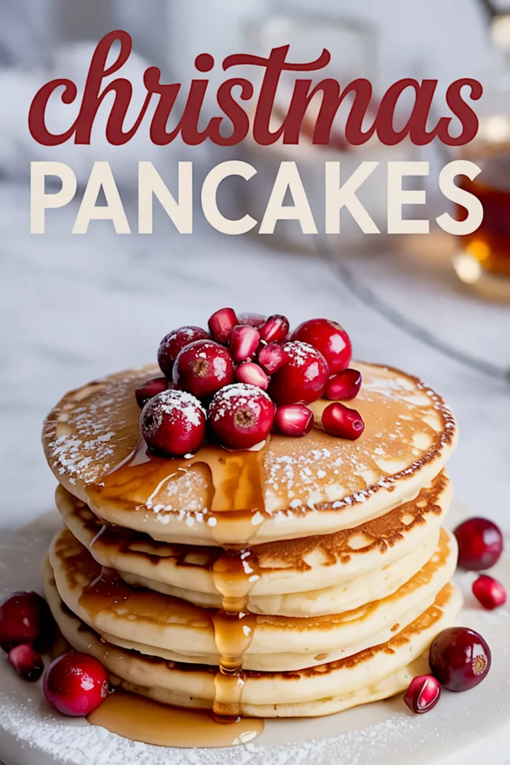 Stack of golden pancakes drizzled with maple syrup, topped with cranberries and pomegranate seeds, and dusted with powdered sugar, with “Christmas Pancakes” text above.