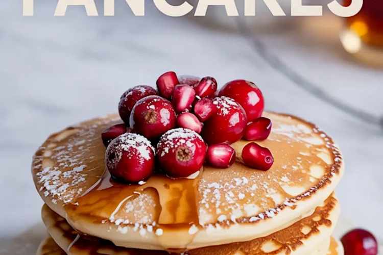 Stack of golden pancakes drizzled with maple syrup, topped with cranberries and pomegranate seeds, and dusted with powdered sugar, with “Christmas Pancakes” text above.