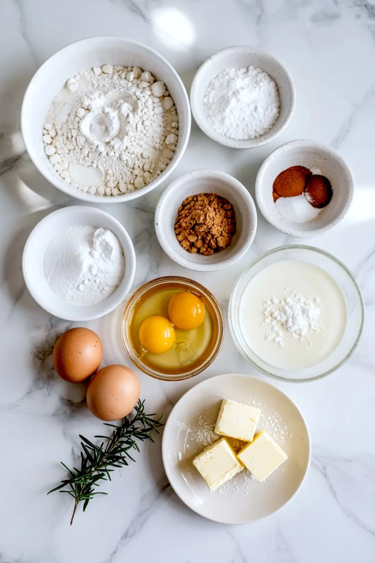 Flat lay of pancake ingredients including flour, baking powder, sugar, spices, eggs, butter, buttermilk, and fresh rosemary on a marble surface.