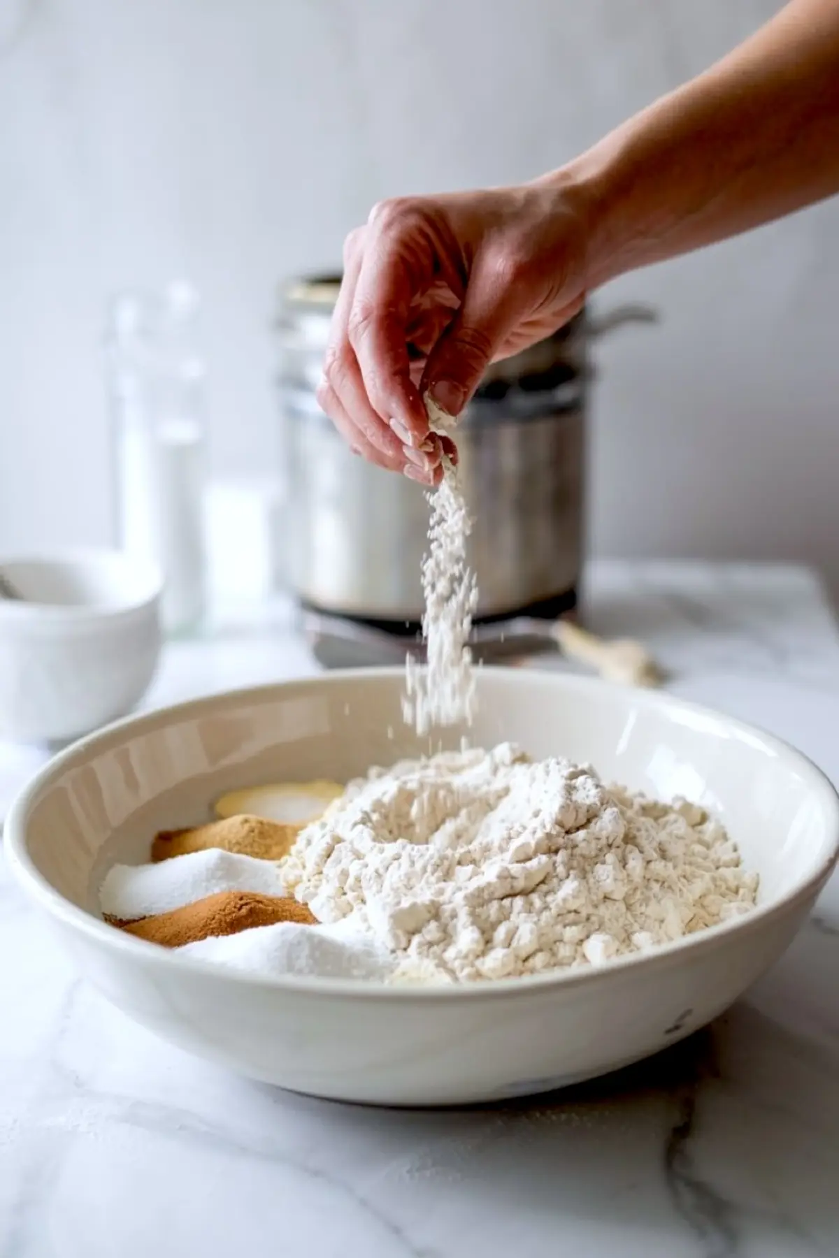 A hand sprinkles flour into a large mixing bowl filled with flour, cinnamon, sugar, and other dry baking ingredients on a marble countertop.