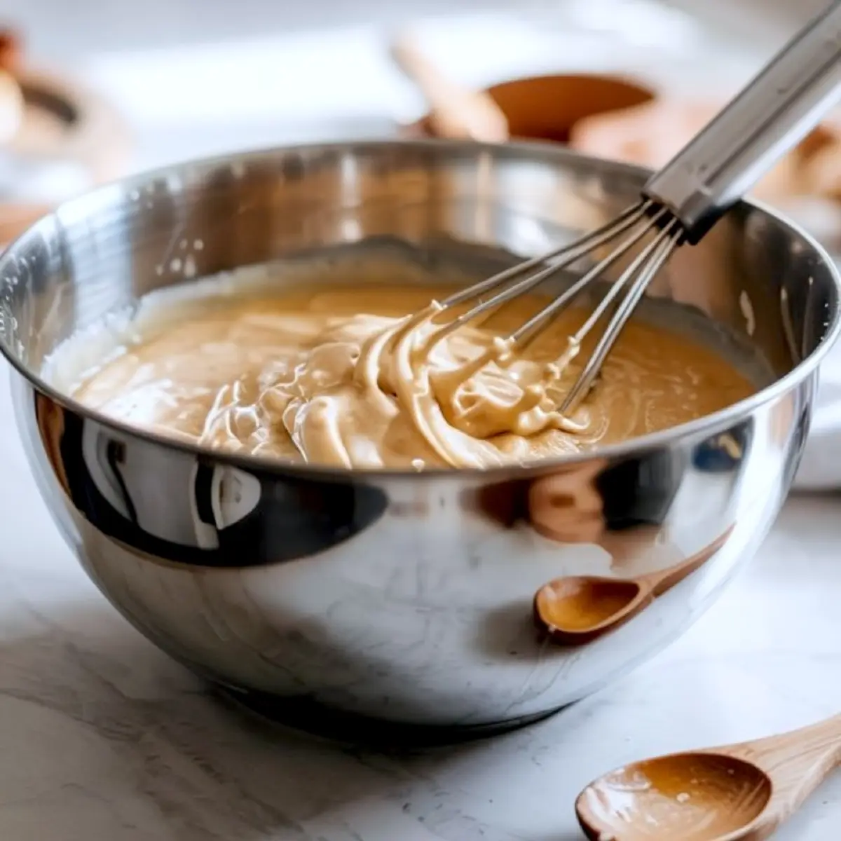 Thick pancake batter being mixed with a whisk in a reflective stainless steel bowl, set on a kitchen counter with wooden spoons nearby.