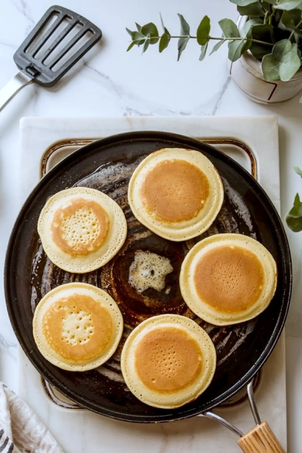 Golden pancakes cooking on a greased round griddle, arranged in a circle with visible bubbles forming on top, alongside a metal spatula and kitchen greenery.