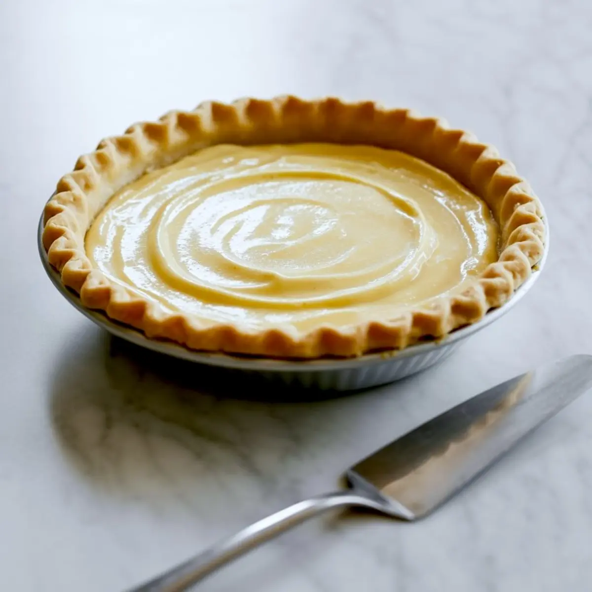 Golden unbaked pie crust filled with smooth creamy custard, placed in a fluted metal pan on a marble surface with a pie server beside it.

