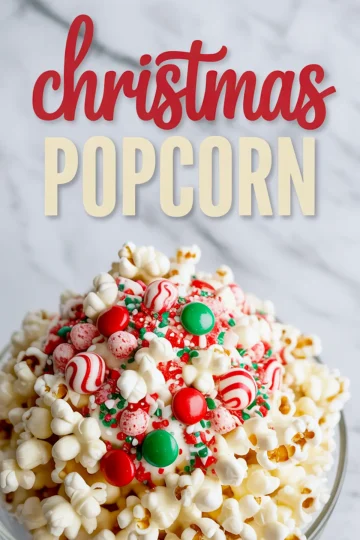 A close-up of a festive bowl of Christmas popcorn coated in white chocolate and topped with red and green candies, peppermint swirls, and holiday sprinkles, with a "Christmas Popcorn" text overlay above.