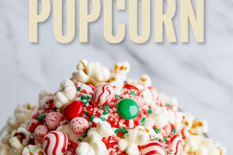 A close-up of a festive bowl of Christmas popcorn coated in white chocolate and topped with red and green candies, peppermint swirls, and holiday sprinkles, with a "Christmas Popcorn" text overlay above.
