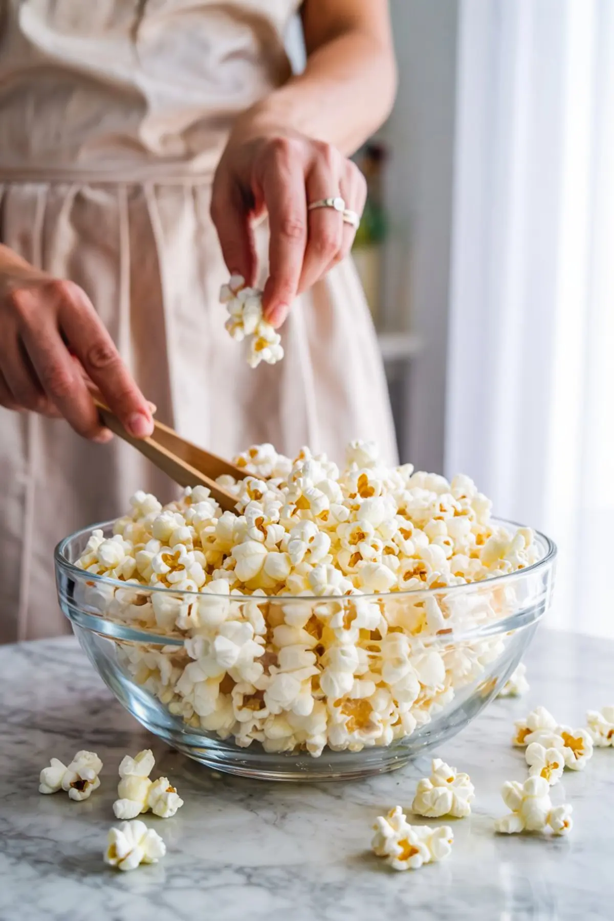 Emma uses wooden tongs to serve freshly popped popcorn from a large glass bowl on a marble countertop, with fluffy white kernels scattered around.