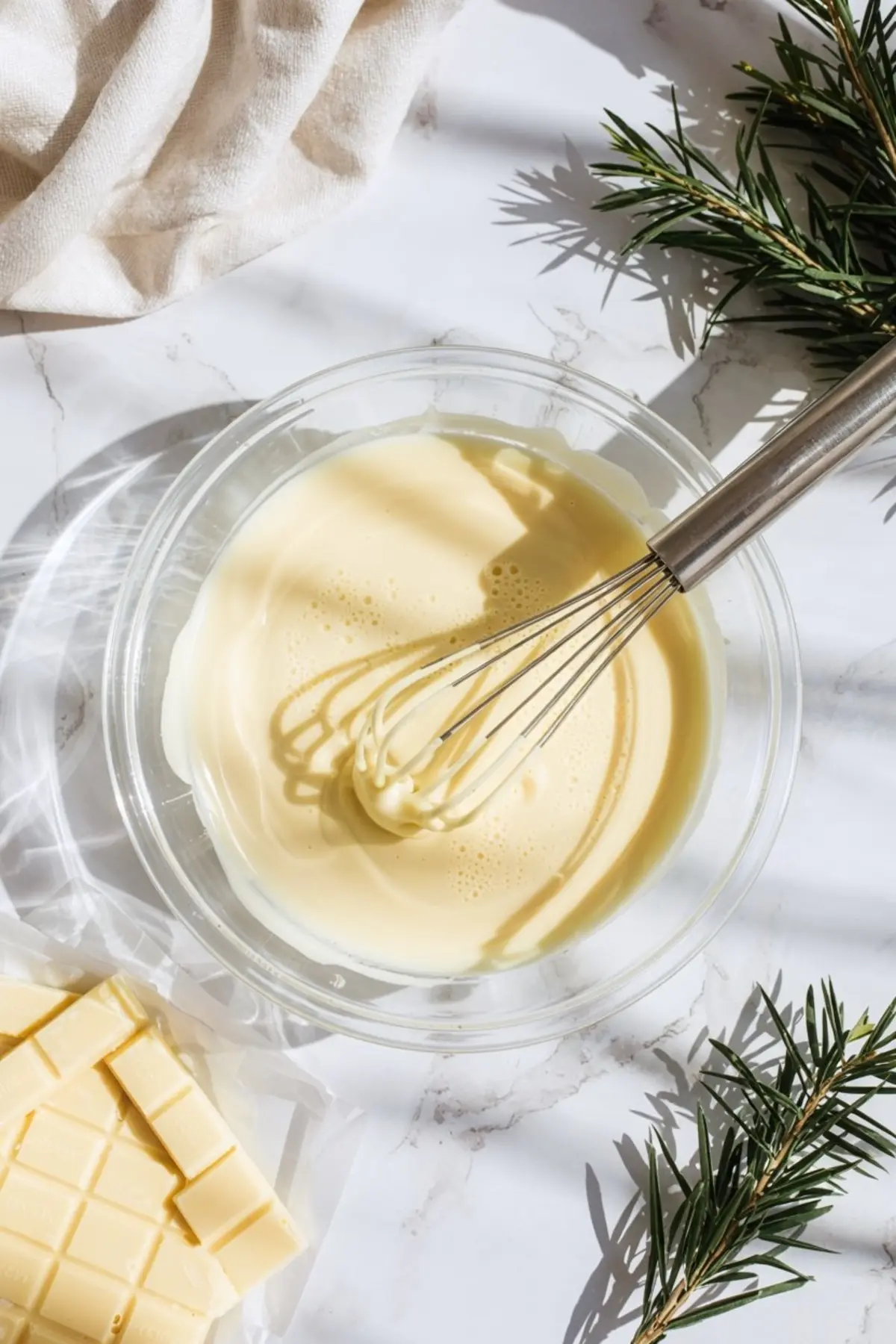 A flat lay of plain popcorn in a glass bowl surrounded by bowls of toppings including white chocolate chips, milk chocolate chips, crushed candy canes, mini marshmallows, and festive red and green sprinkles.