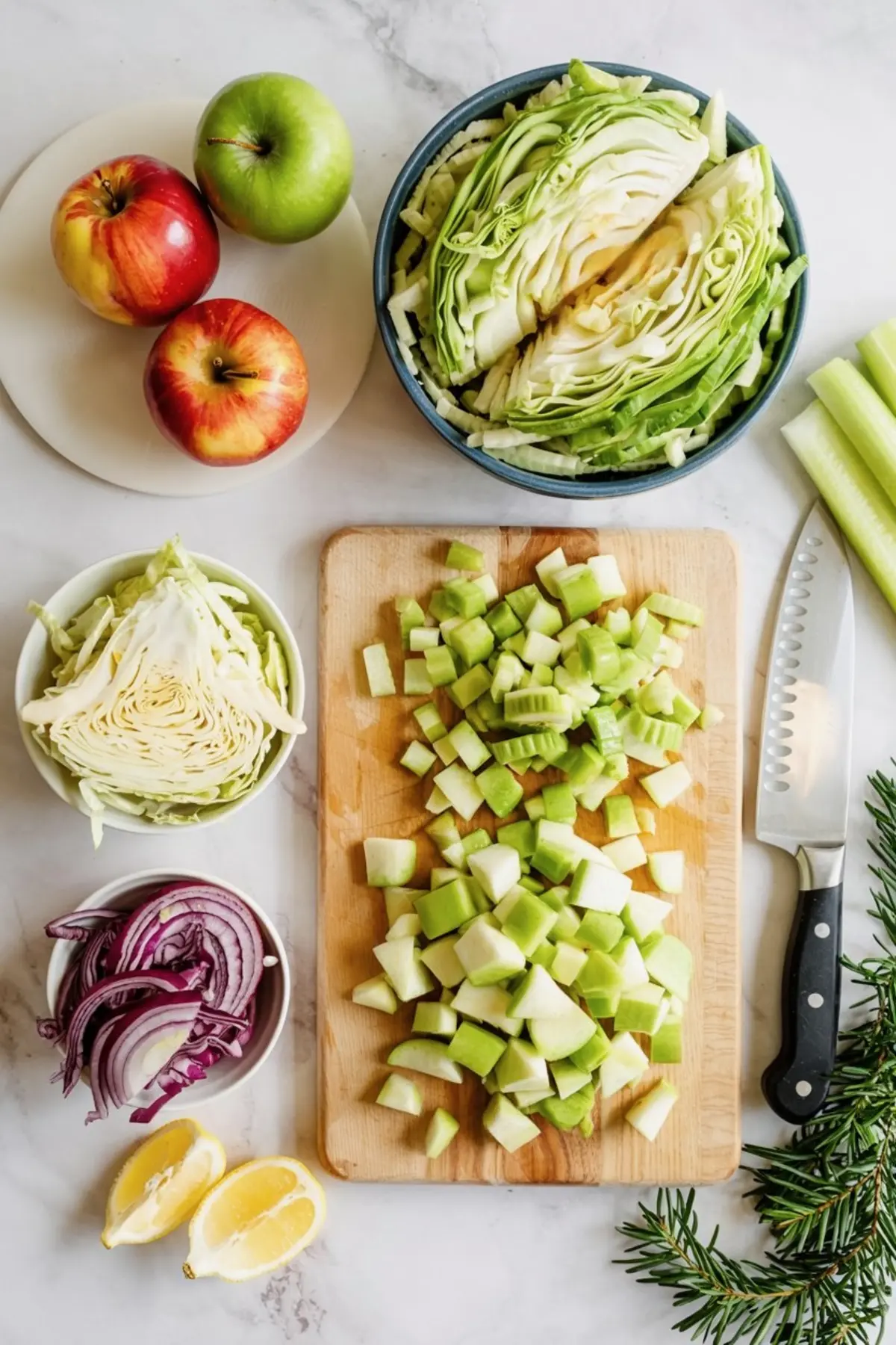 Flat lay of chopped green apples and celery on a wooden board, surrounded by halved lemons, red onion slices, cabbage wedges, whole apples, and a chef’s knife on a marble background.
