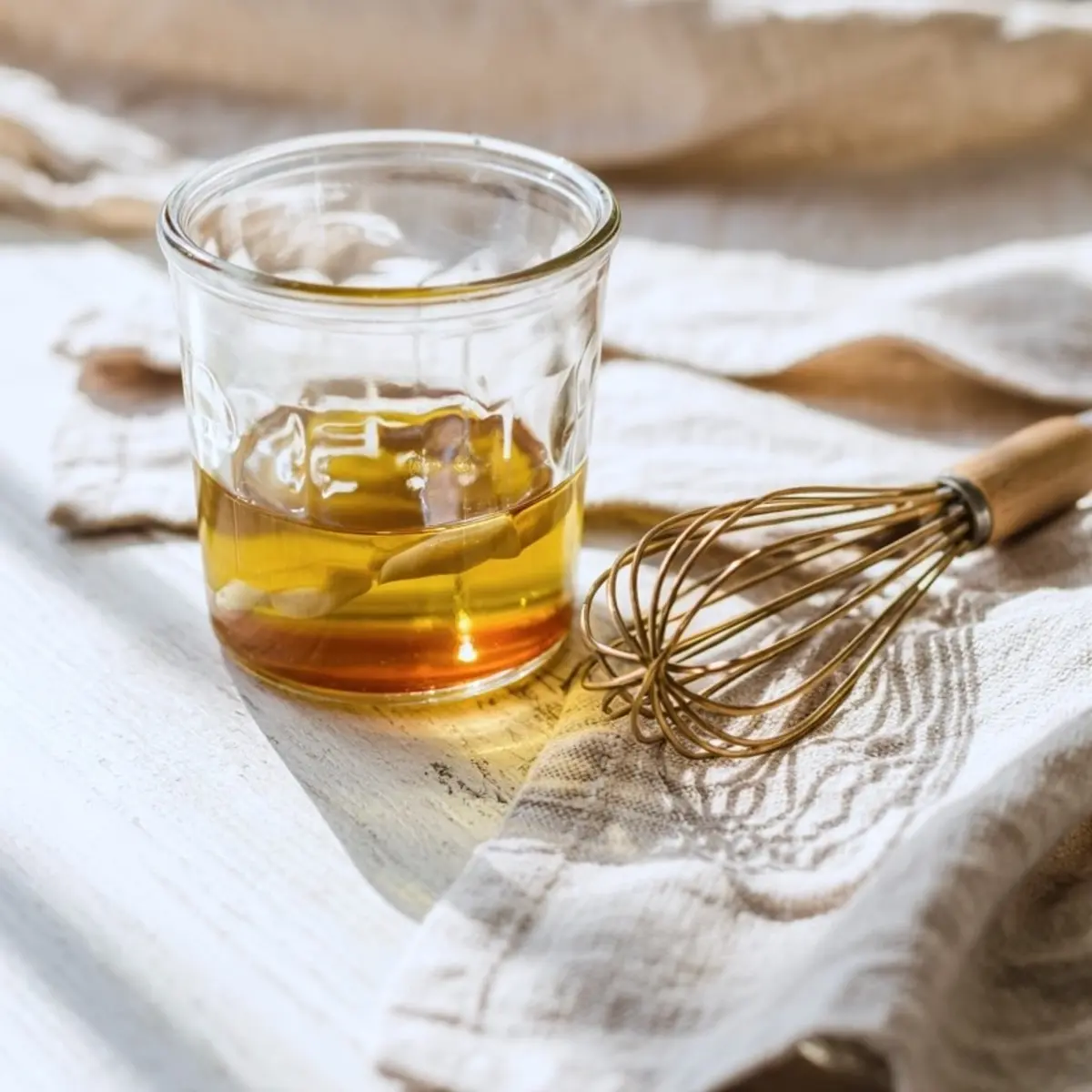 Glass jar of apple cider vinegar on a white wooden table with a gold wire whisk and soft beige linens, styled in warm natural light.
