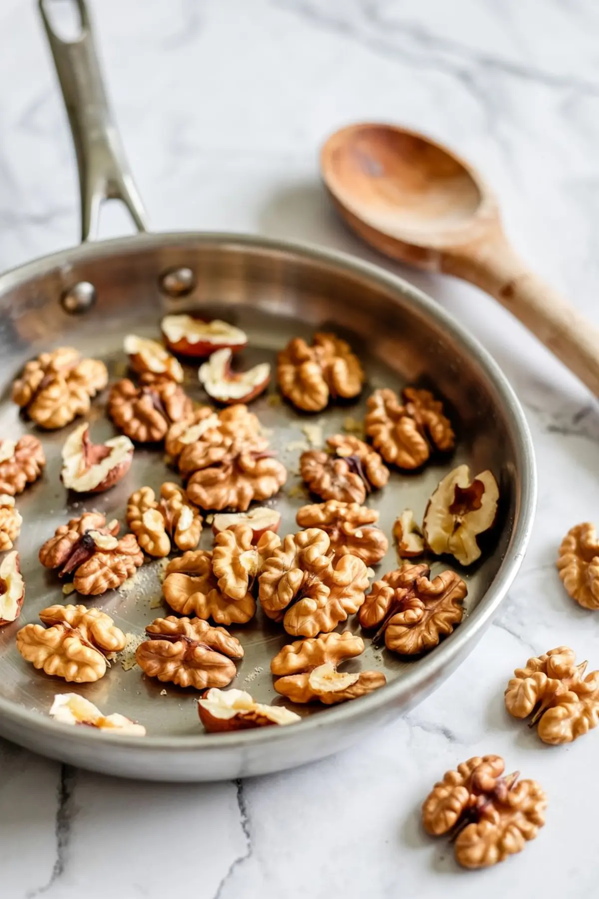 Toasted walnut halves in a stainless steel skillet with a wooden spoon in the background, placed on a light marble surface for a rustic cooking preparation scene.
