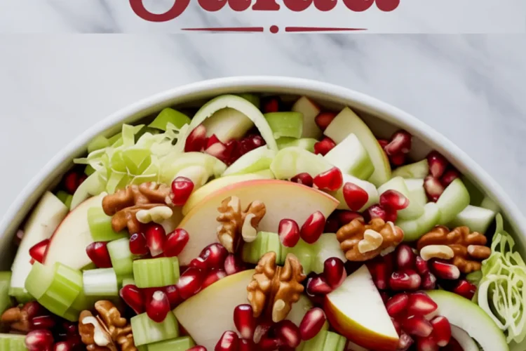 Overhead image of a holiday salad topped with sliced apples, celery, walnuts, pomegranate seeds, and cabbage in a white bowl, framed by bold red “Christmas Salad” text above.