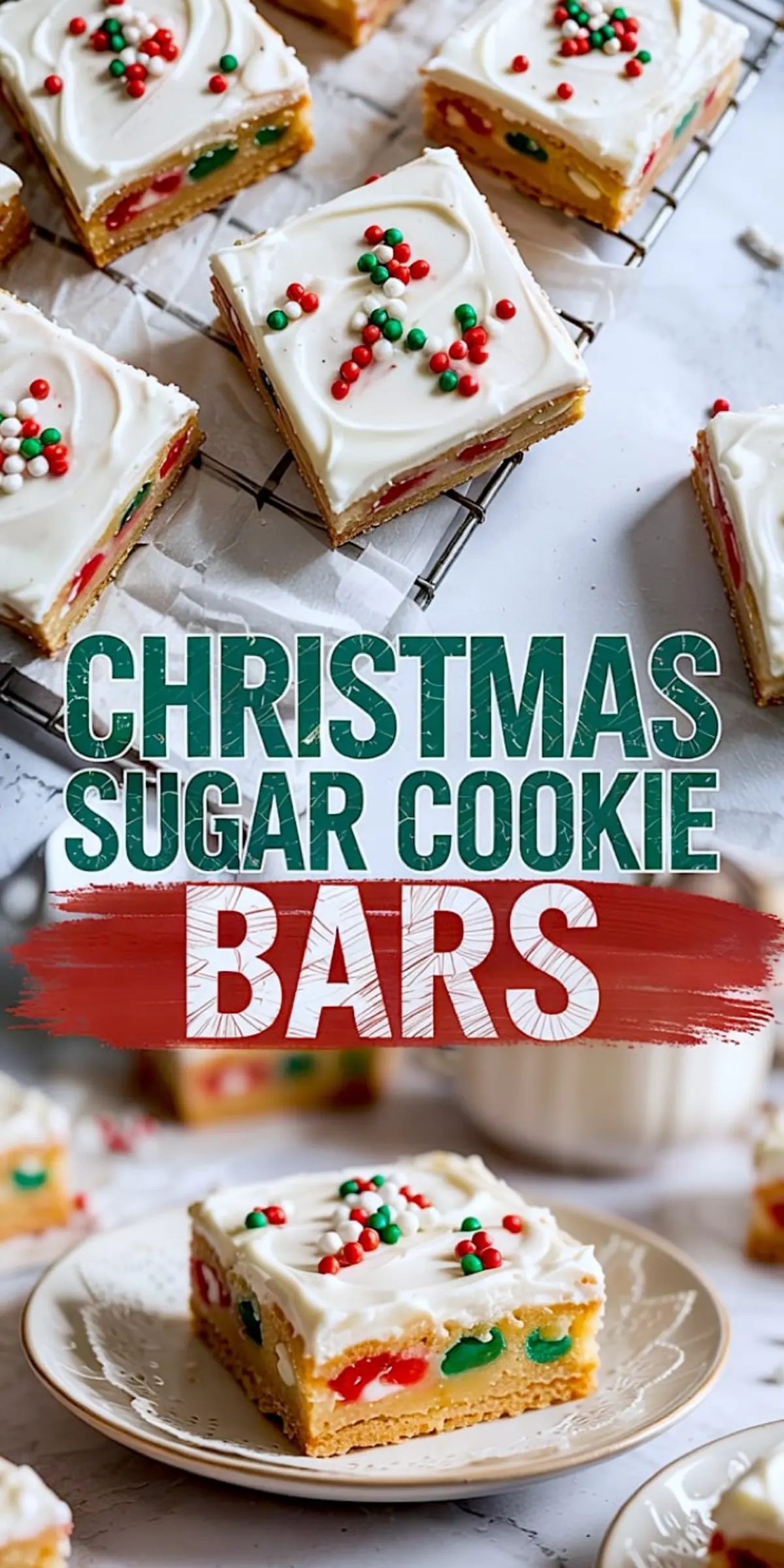 Christmas sugar cookie bars topped with white frosting and red, green, and white sprinkles, with festive text overlay promoting holiday dessert bars.
