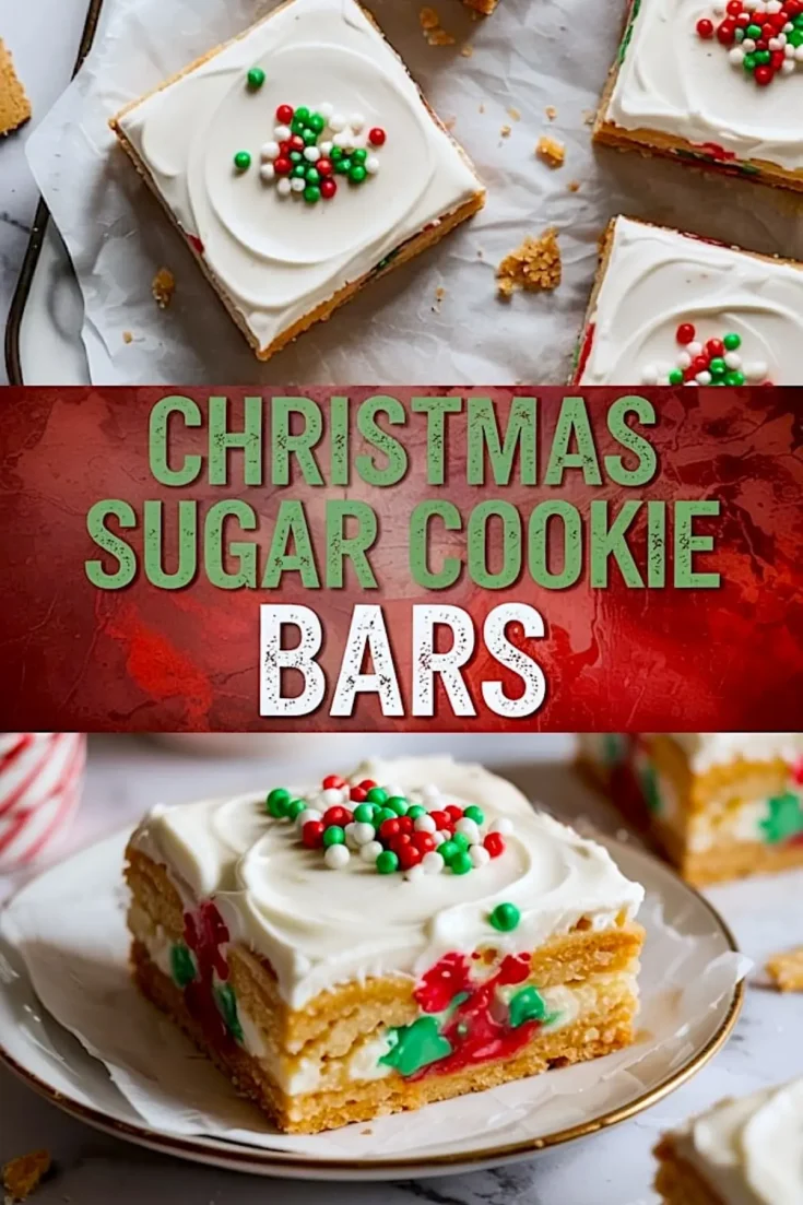 Alt: Iced sugar cookie bars decorated with festive sprinkles, featured on a white plate and parchment-lined tray, with red and green Christmas-themed text promoting the dessert.