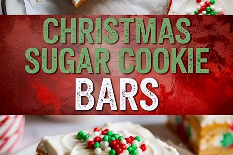 Alt: Iced sugar cookie bars decorated with festive sprinkles, featured on a white plate and parchment-lined tray, with red and green Christmas-themed text promoting the dessert.