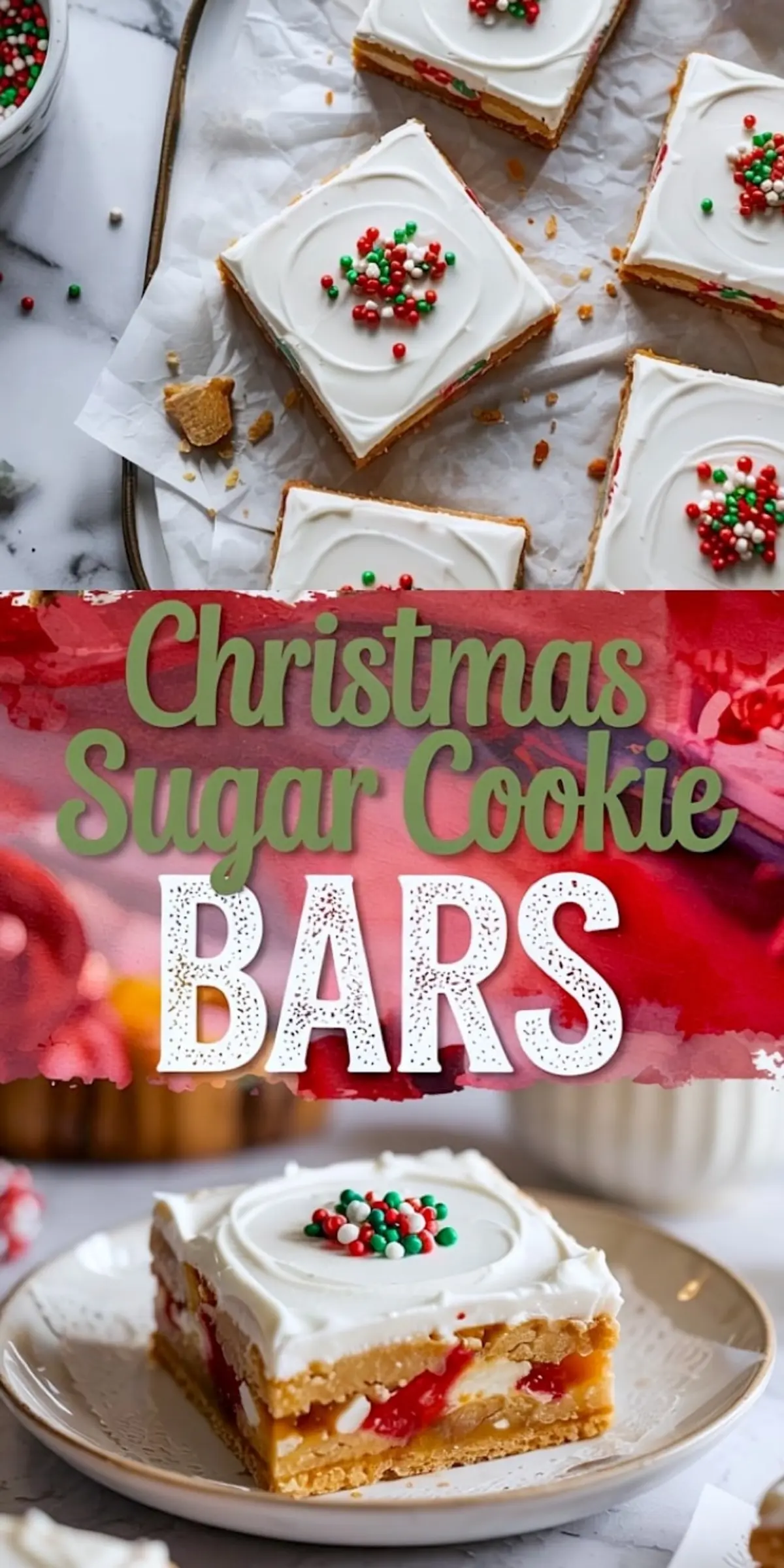 Holiday sugar cookie bars with layers of golden cookie, white frosting, and red-green candy pieces, served on a plate and tray with bold Christmas-themed text overlay.