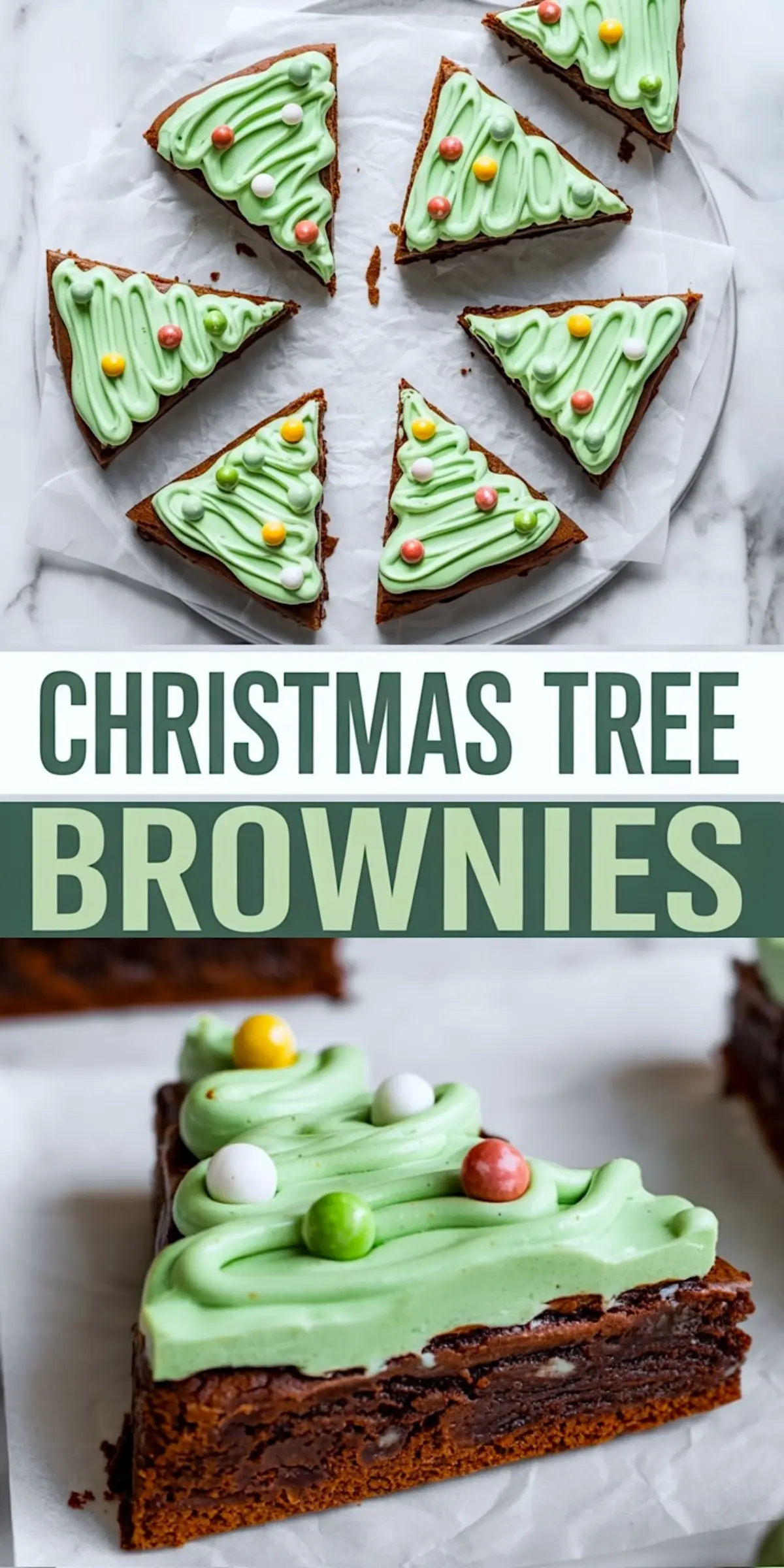 Collage image of festive Christmas tree brownies arranged in a circle on parchment paper, topped with green frosting and colorful candy ornaments.
