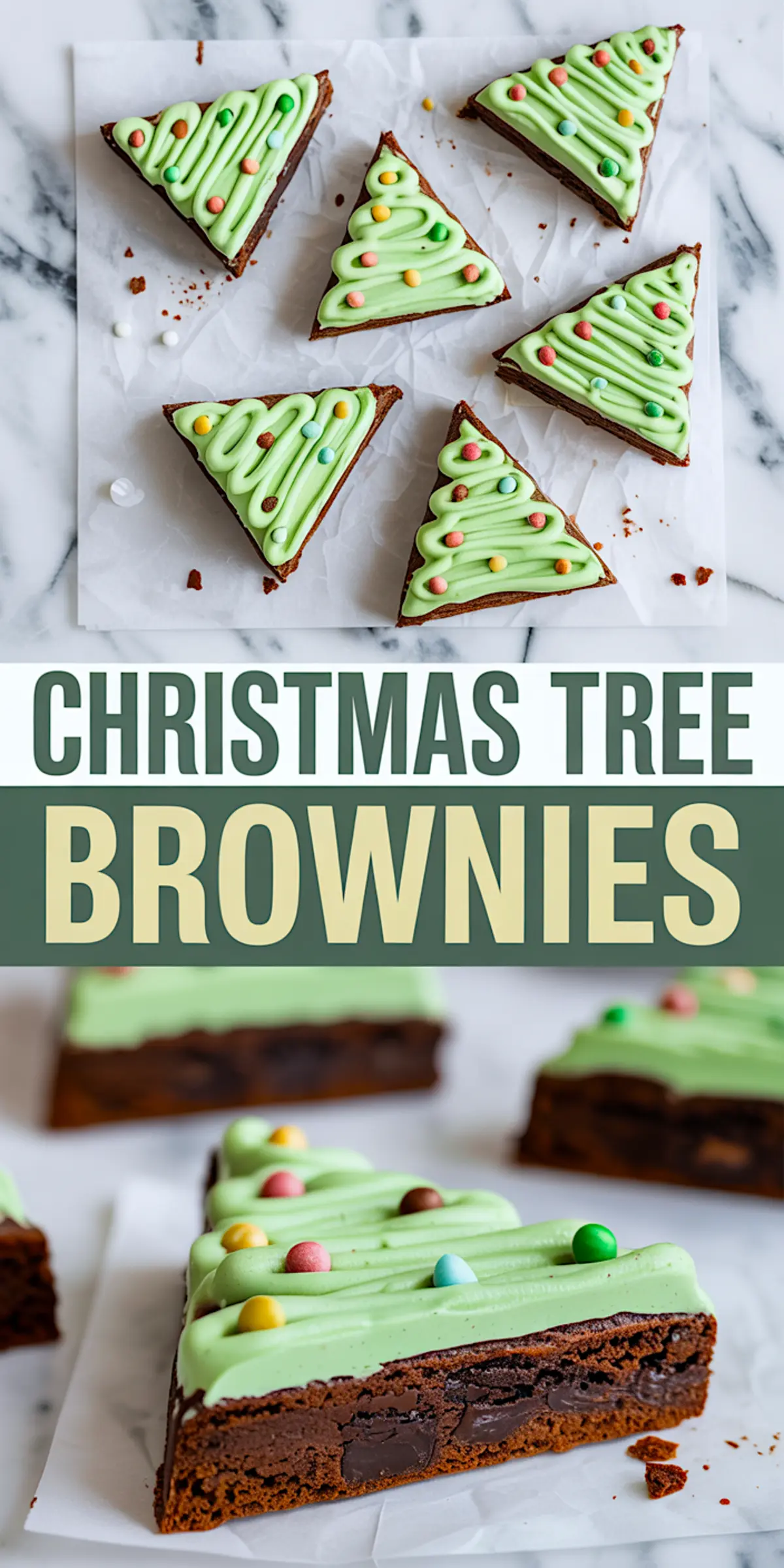 Collage image of triangular Christmas tree brownies with green icing and multicolored candy balls, arranged on parchment paper with close-up detail of the fudgy texture.
