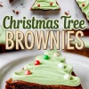 Collage image of decorated Christmas tree brownies topped with green swirled frosting and red, white, yellow, and green candy dots, displayed on a marble background.
