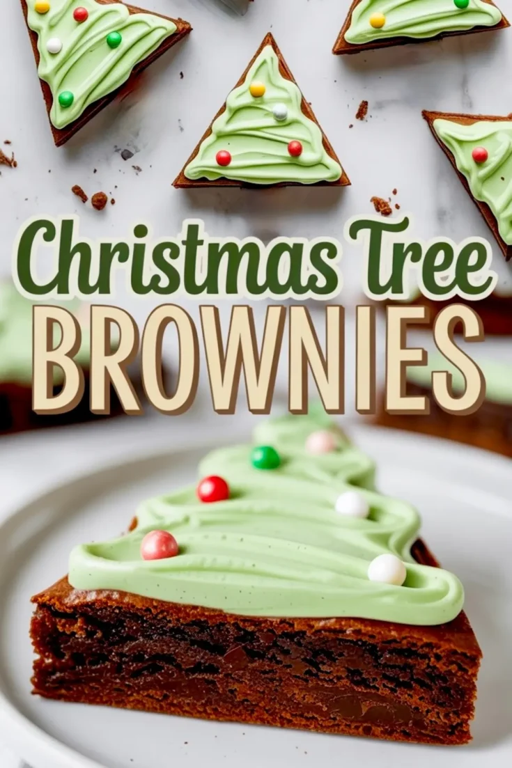 Collage image of decorated Christmas tree brownies topped with green swirled frosting and red, white, yellow, and green candy dots, displayed on a marble background.
