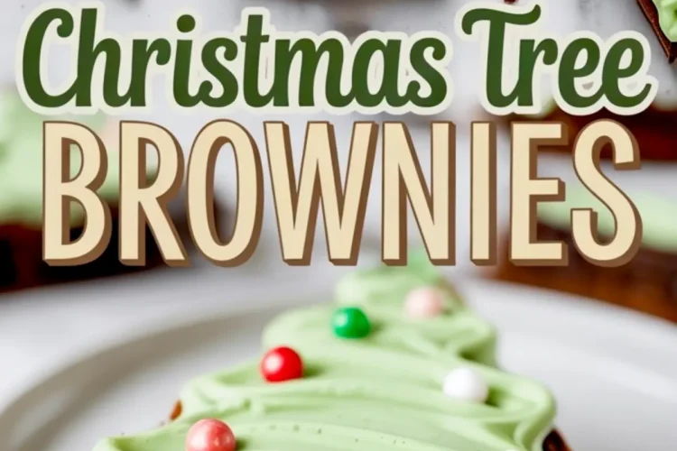 Collage image of decorated Christmas tree brownies topped with green swirled frosting and red, white, yellow, and green candy dots, displayed on a marble background.