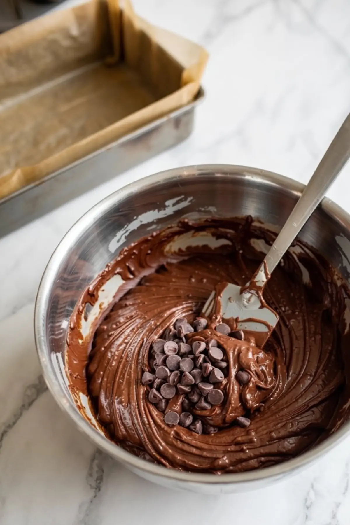 Rich chocolate brownie batter mixed with chocolate chips in a stainless steel bowl, with a spatula resting inside and a lined loaf pan in the background.
