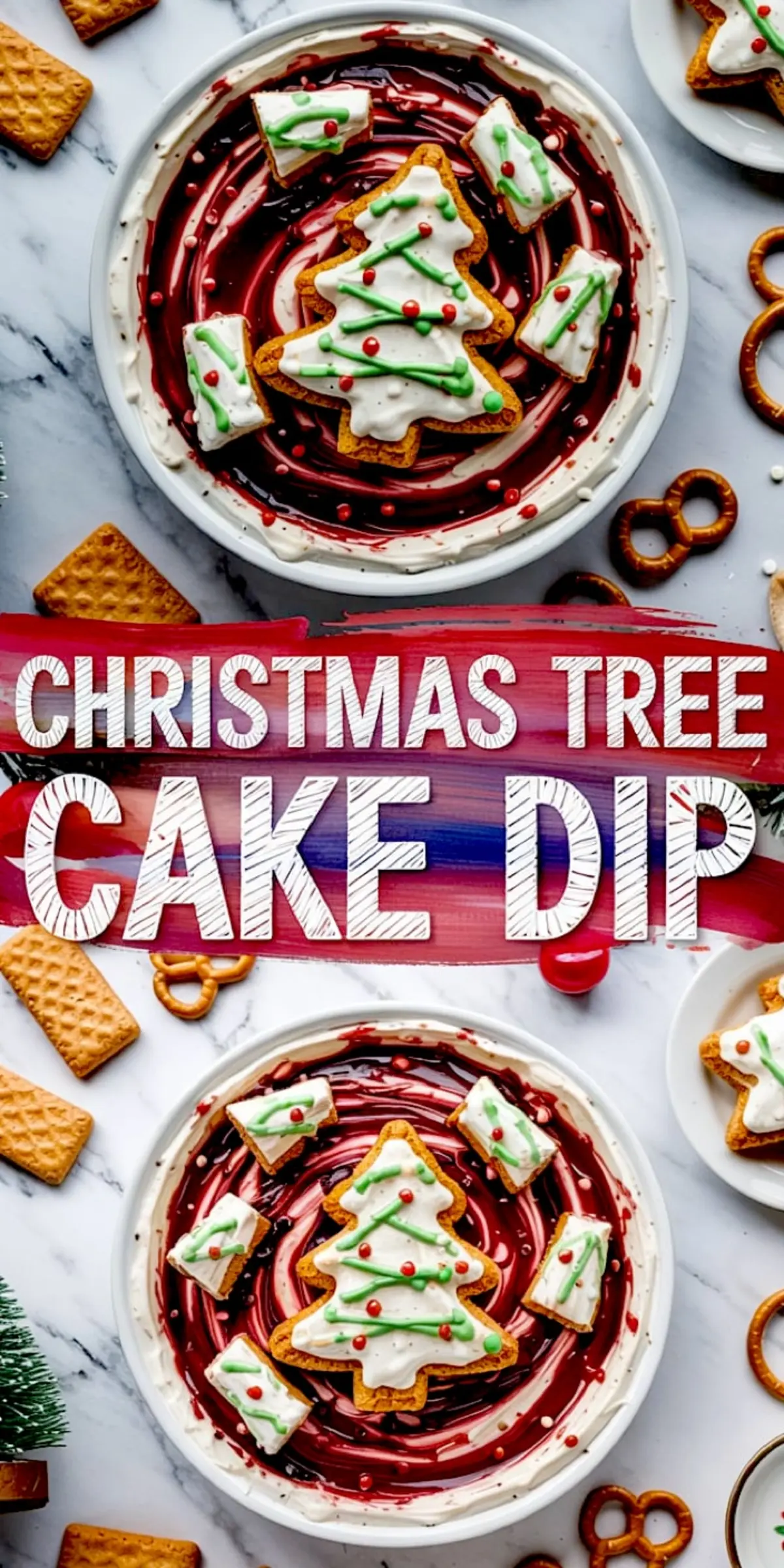 Collage of a red and white swirled Christmas cake dip topped with a tree-shaped cookie and smaller frosted cake pieces. The dip is surrounded by holiday cookies and pretzels on a marble background with bold “Christmas Tree Cake Dip” text in festive red and blue paint strokes.