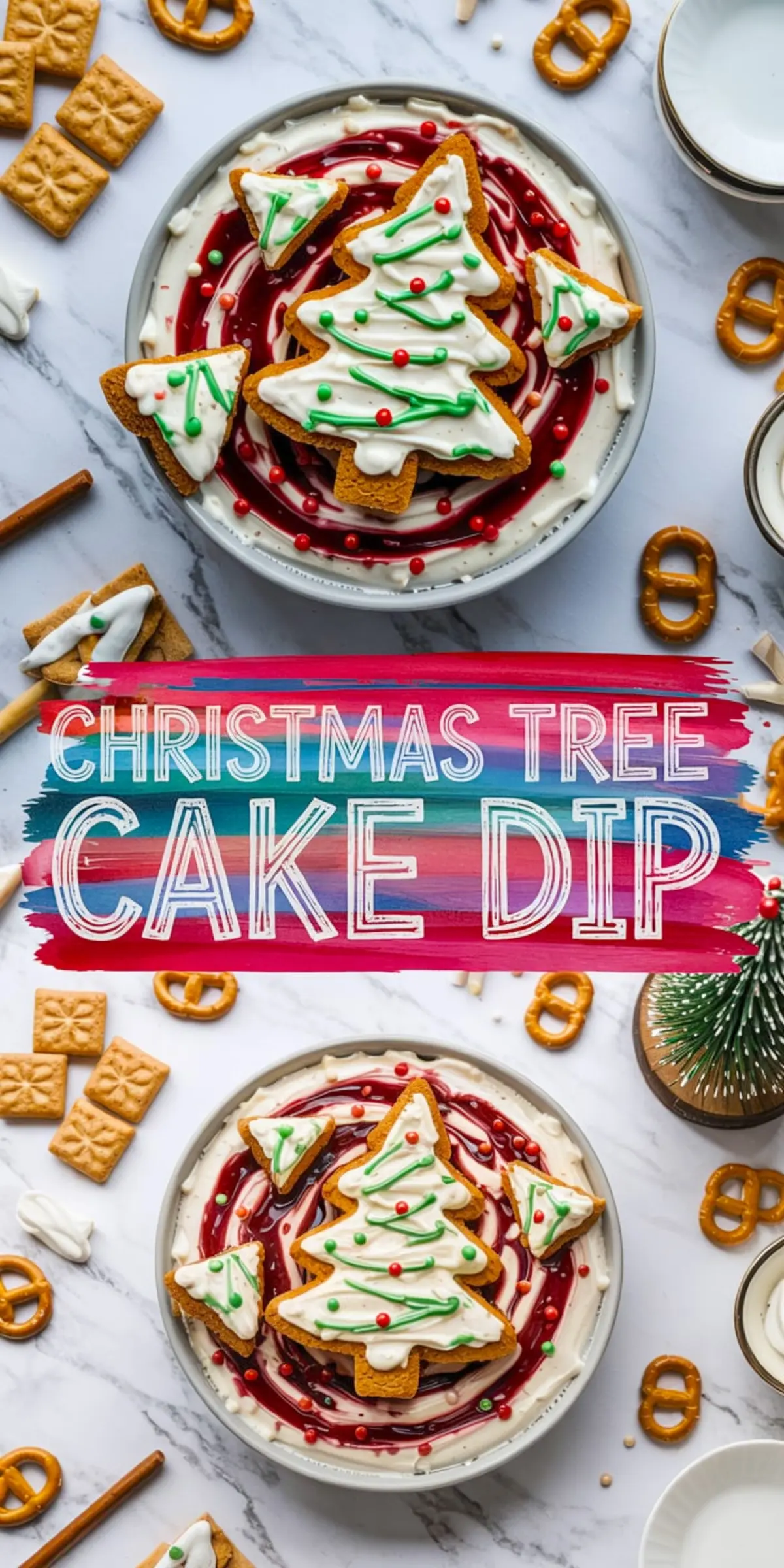 Collage displaying a creamy swirl cake dip with red berry sauce and a central Christmas tree cookie. Smaller frosted tree pieces are scattered in the dip. Surrounding the bowl are pretzels, iced cookies, and tree-shaped holiday treats arranged on a marble surface.