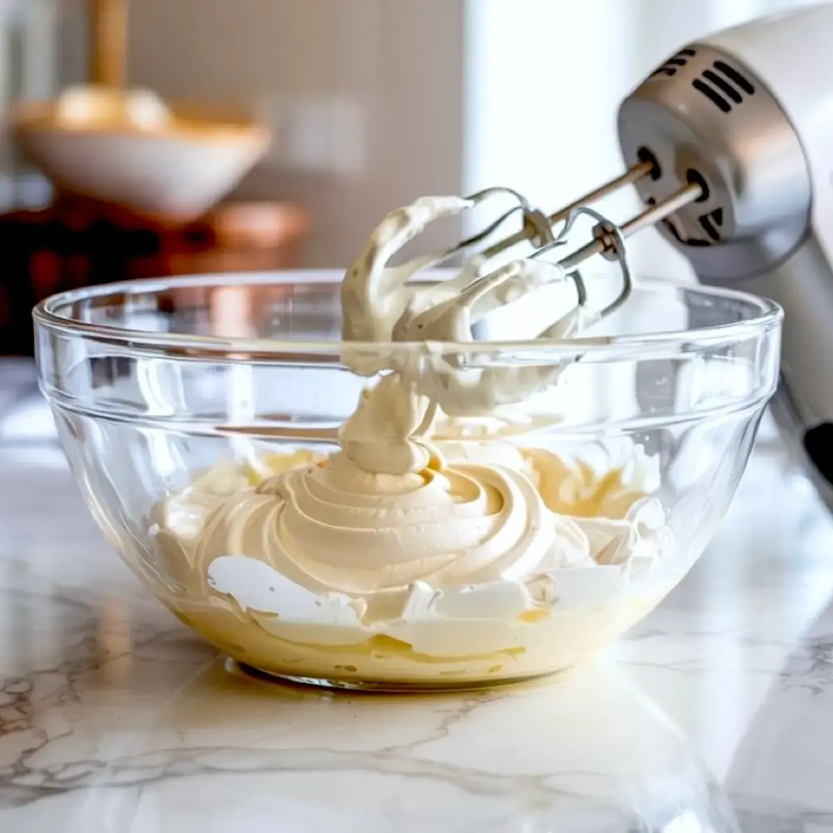 Clear glass bowl filled with thick whipped cream cake dip mixture being blended with a hand mixer on a marble countertop. The cream is smooth and glossy, showing stiff peaks forming on the beaters.