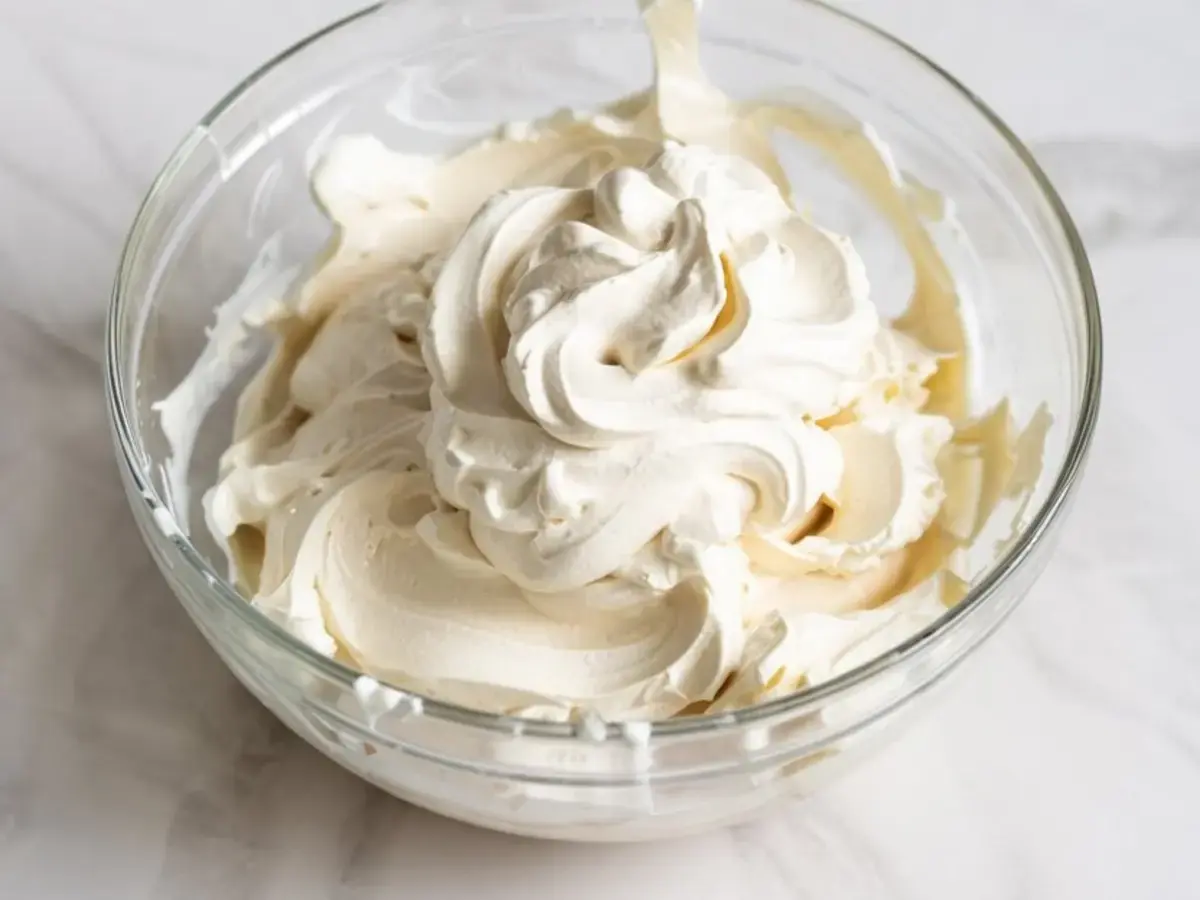 Whipped cake dip base in a glass mixing bowl with thick, fluffy texture. The creamy blend sits on a light marble surface, ready for flavoring or decoration.