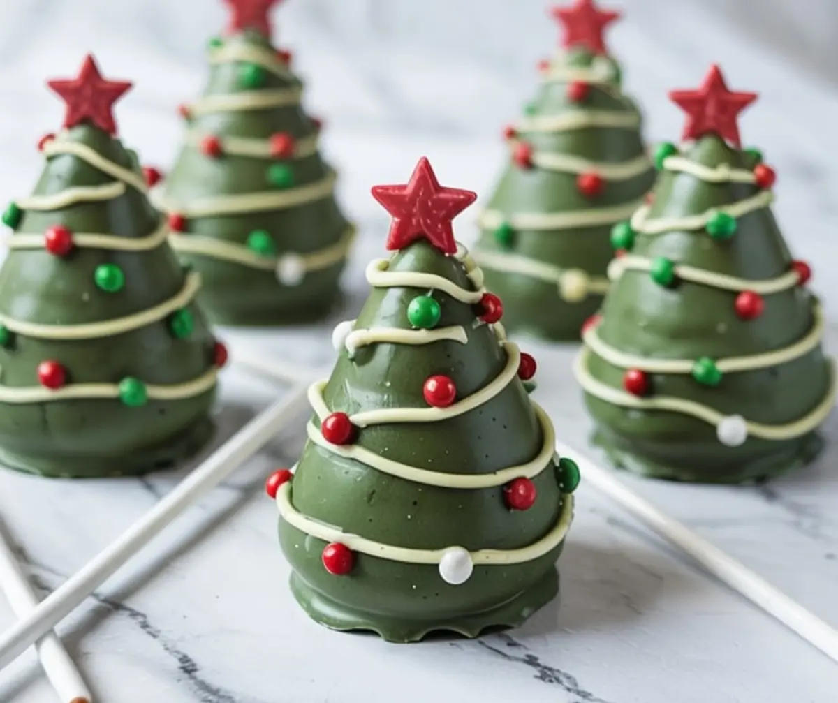 Green Christmas tree cake pops decorated with red, green, and white candy ornaments, drizzled with white chocolate, and topped with red chocolate stars on white sticks.