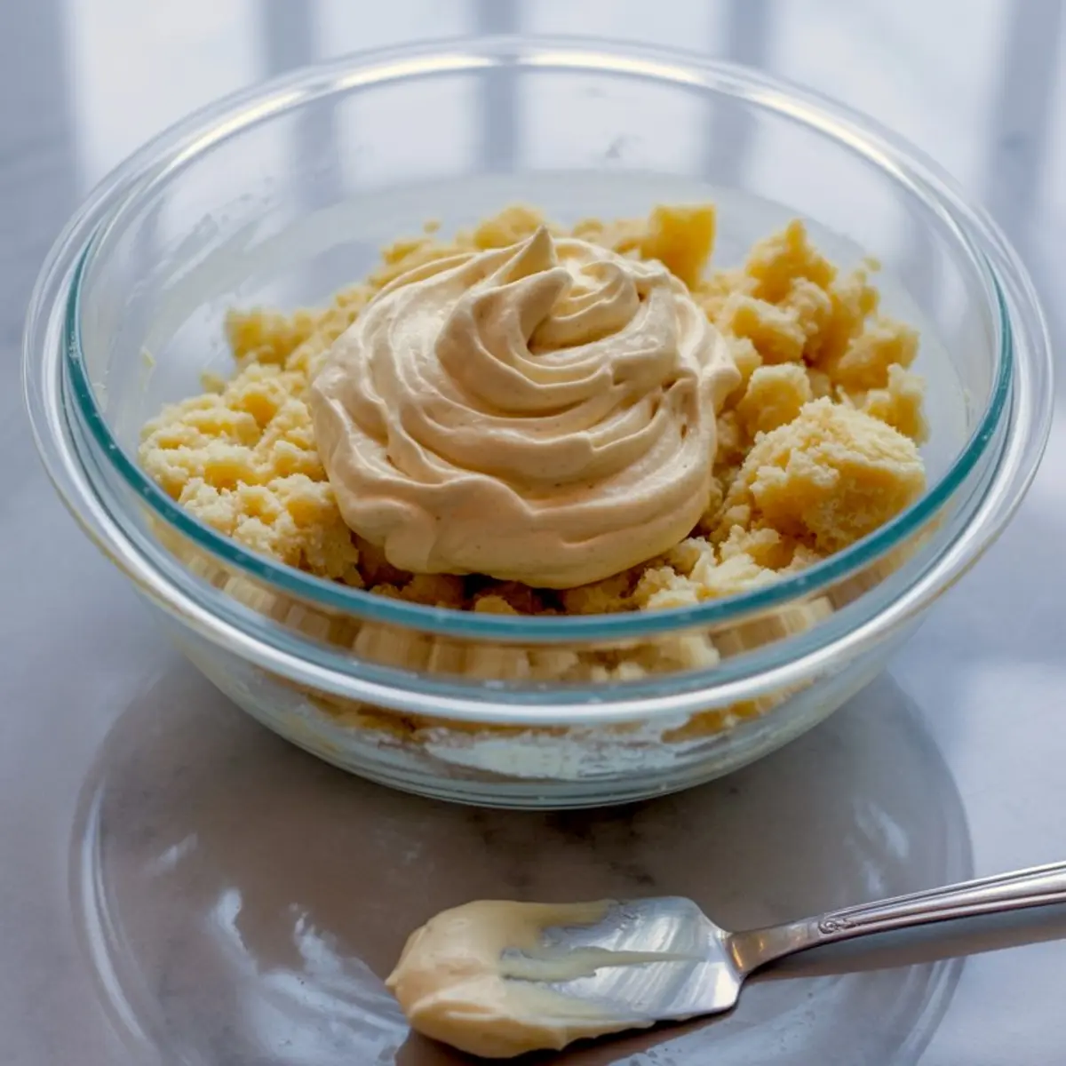Glass bowl filled with crumbled vanilla cake and a generous swirl of creamy frosting, ready to be mixed for cake pop dough.