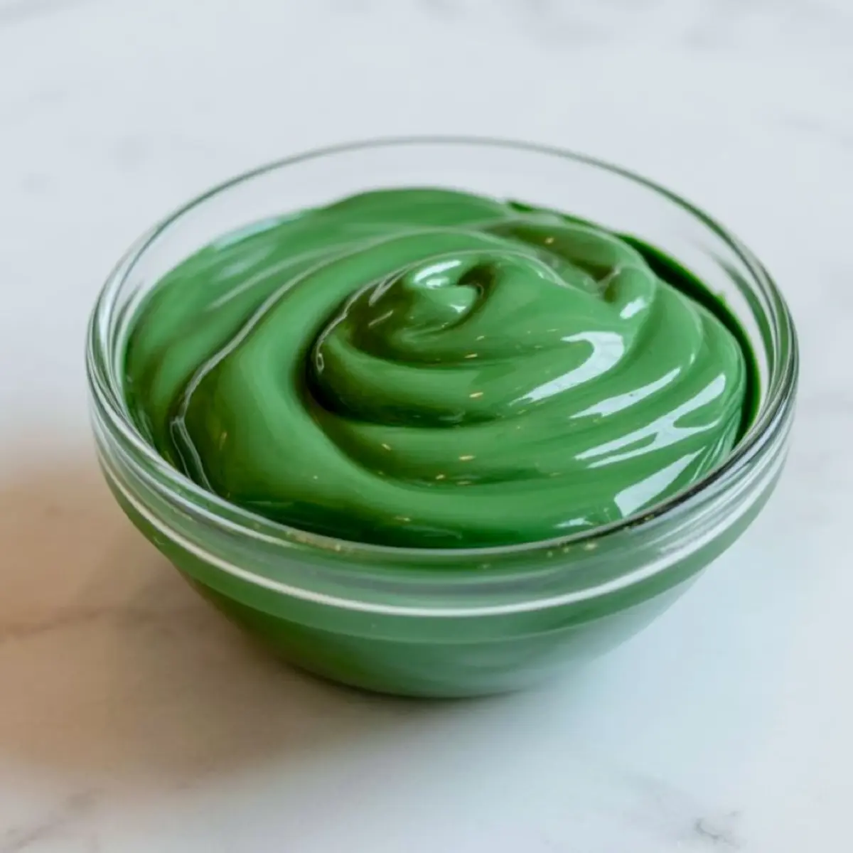 Small glass bowl with smooth, glossy green candy melts prepared for coating cake pops or desserts.