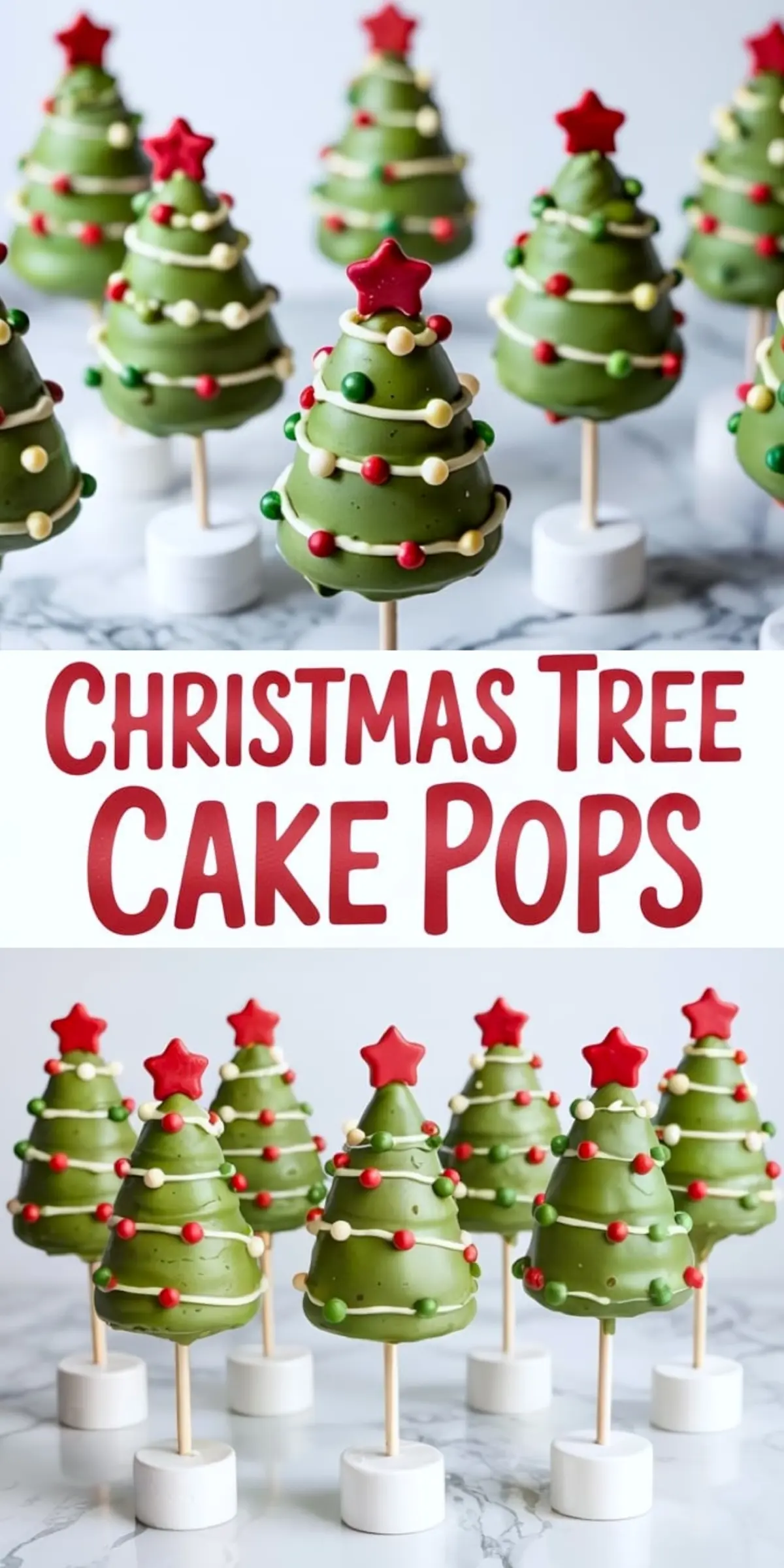 Collage showing festive Christmas tree cake pops displayed on white bases with text overlay “CHRISTMAS TREE CAKE POPS” in red, showcasing green cake pops decorated with red stars, candy ornaments, and white chocolate swirls.