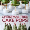 Collage of holiday-themed Christmas tree cake pops on white bases, each topped with a red star and adorned with colorful candy balls and piped yellow chocolate garland, featuring text “CHRISTMAS TREE CAKE POPS.”