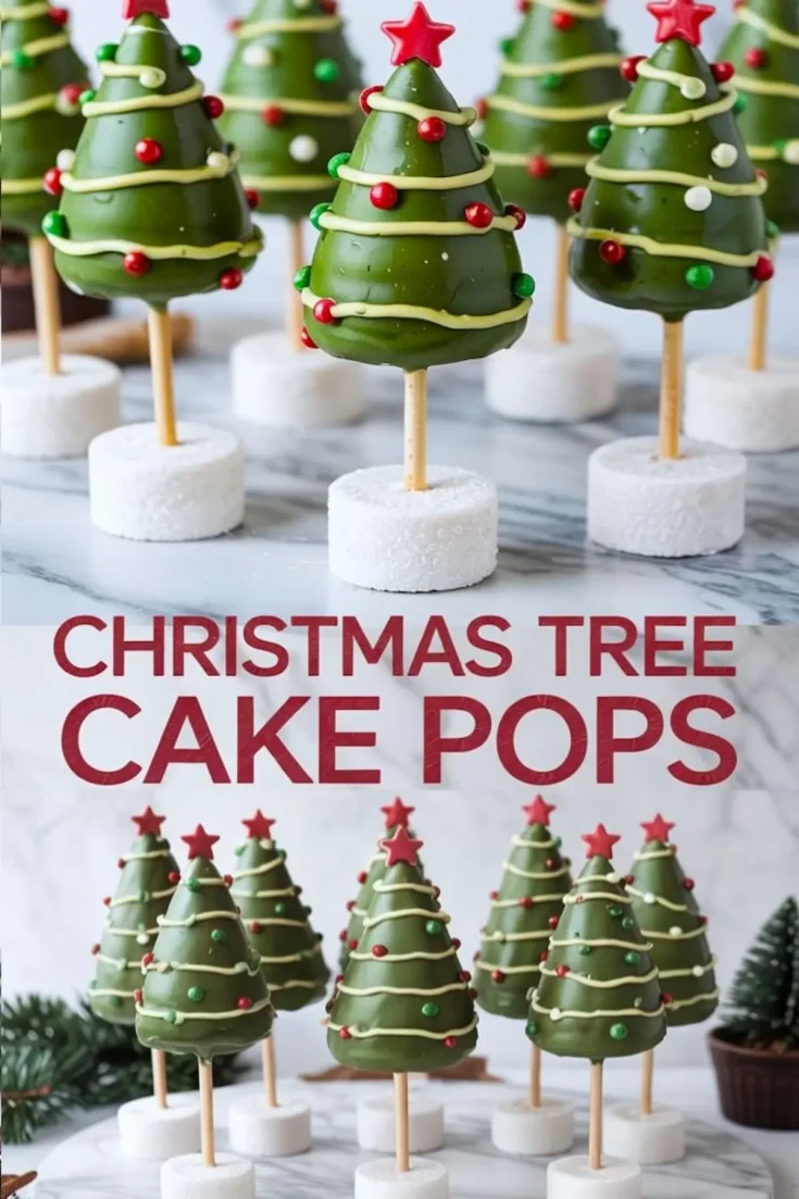 Collage of holiday-themed Christmas tree cake pops on white bases, each topped with a red star and adorned with colorful candy balls and piped yellow chocolate garland, featuring text “CHRISTMAS TREE CAKE POPS.”