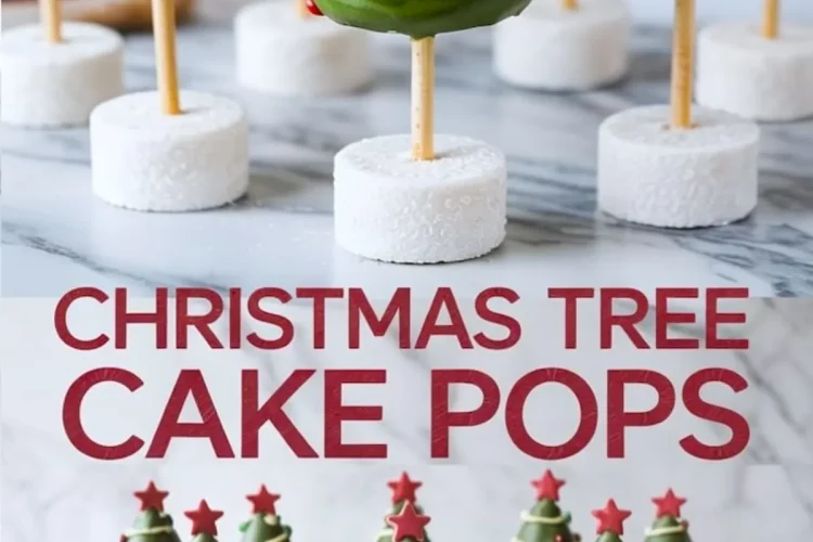 Collage of holiday-themed Christmas tree cake pops on white bases, each topped with a red star and adorned with colorful candy balls and piped yellow chocolate garland, featuring text “CHRISTMAS TREE CAKE POPS.”