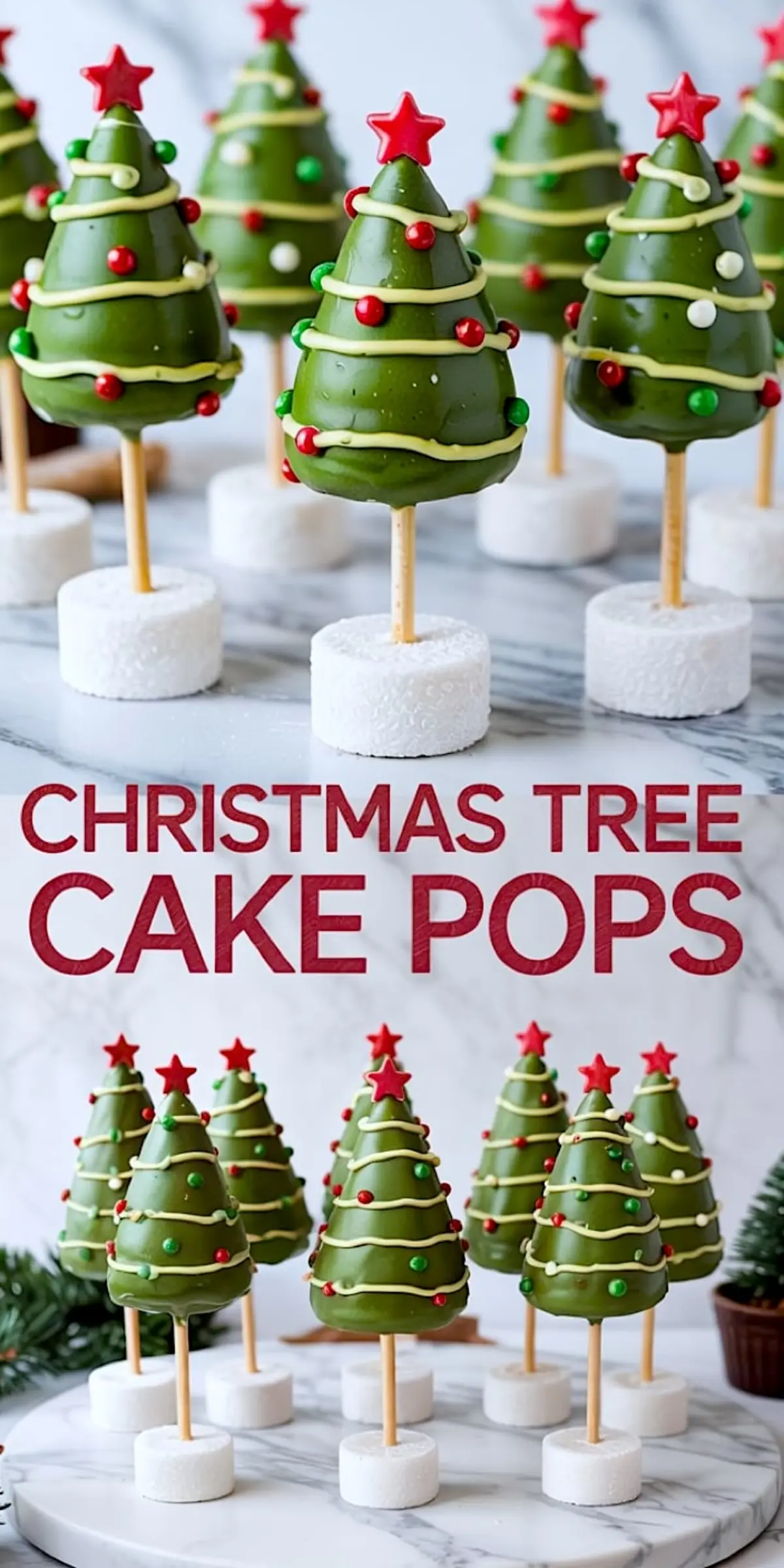 Vertical collage displaying green Christmas tree cake pops decorated with red, green, and white candy balls and white chocolate swirls, all mounted on white cylindrical stands with bold red “CHRISTMAS TREE CAKE POPS” text in the center.