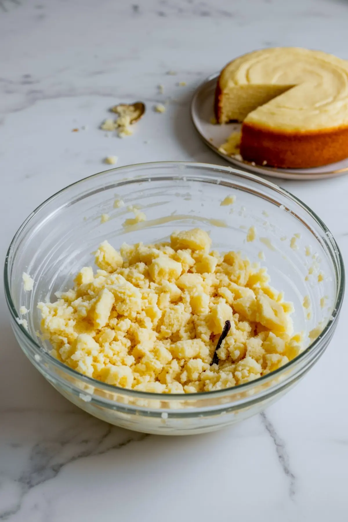 Crumbled vanilla cake in a glass bowl with a scraped vanilla bean pod, set on a marble counter beside a partially sliced yellow cake in the background.