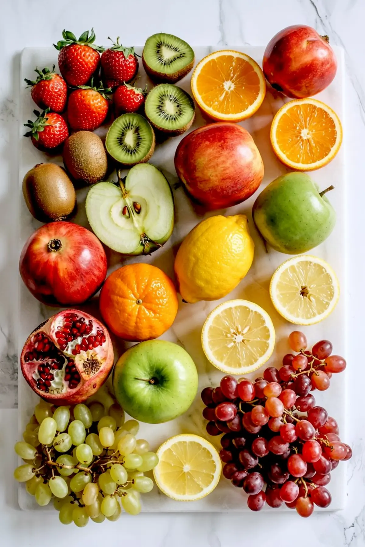 Colorful fruit assortment on a white marble board featuring sliced oranges, halved kiwis, strawberries, red and green apples, lemons, pomegranates, green grapes, red grapes, and a peeled green apple, styled for fresh fruit inspiration and fruit salad recipes.
