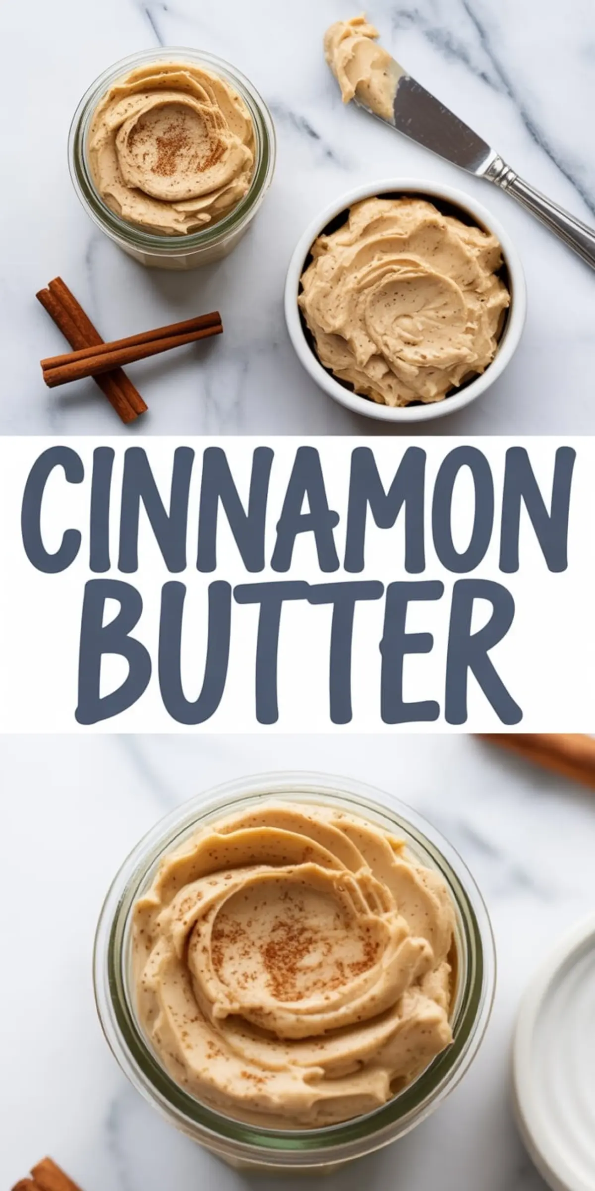 Swirled cinnamon butter in a glass jar and a small white bowl, garnished with ground cinnamon, placed on a marble surface with a butter knife and whole cinnamon sticks.
