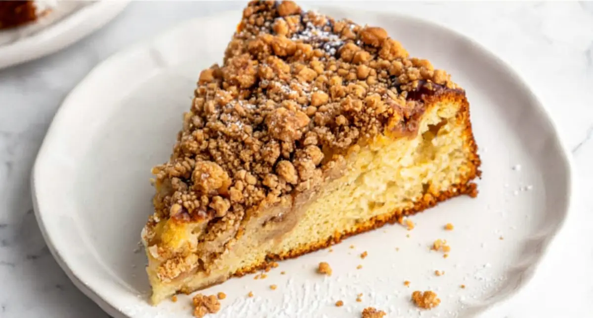 Single plated slice of cinnamon coffee cake with a golden crumb and thick cinnamon streusel layer, served on a white dish over a marble table.