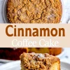 Single slice of cinnamon coffee cake on a white plate, showing a fluffy yellow crumb, cinnamon ribbon, and a crispy brown sugar crumble topping.